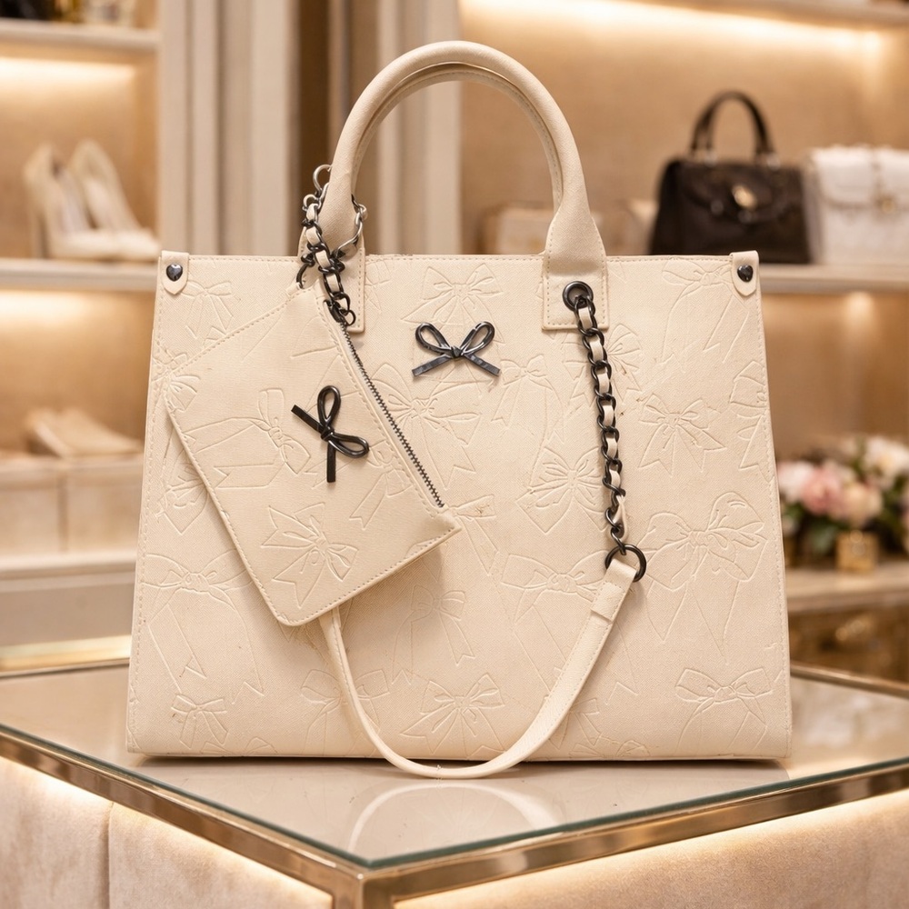 Elegant Cream Tote Bag with Bow Accents